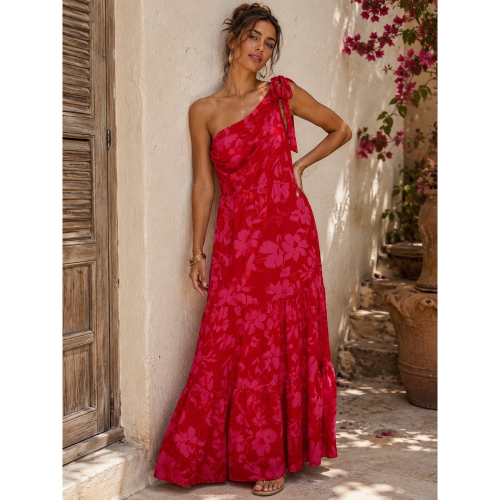 PrettyGarden Red Pink Floral One Shoulder Maxi Dress Tiered Summer Large NWT